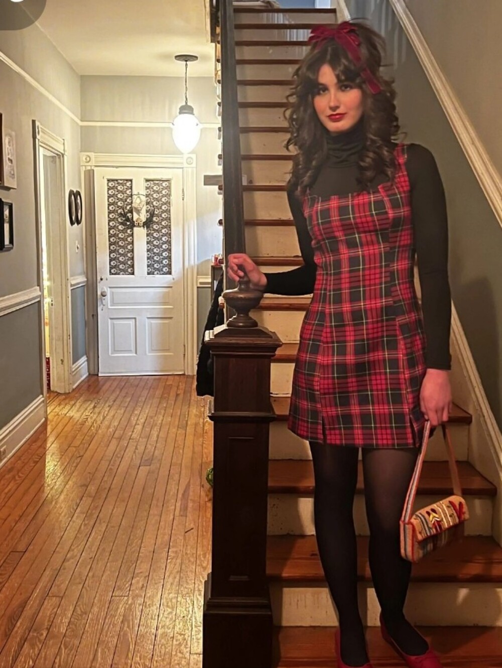 Cider Women's Red Plaid Scoop-Neck Pinafore Dress